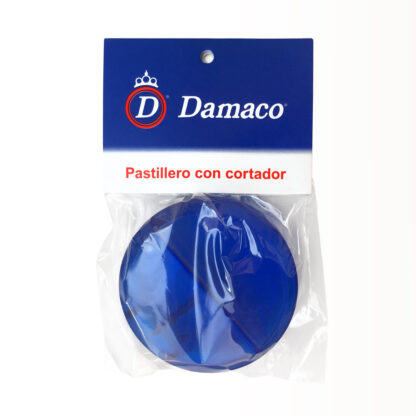 Vista frontal de pastillero redondo de plástico color azul embolsado con copete de la marca Damaco