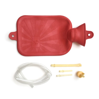 Bolsa lisa de hule natural para agua caliente Damaco color rojo, tubo irrigador, cánulas rectales y vaginales y tapón