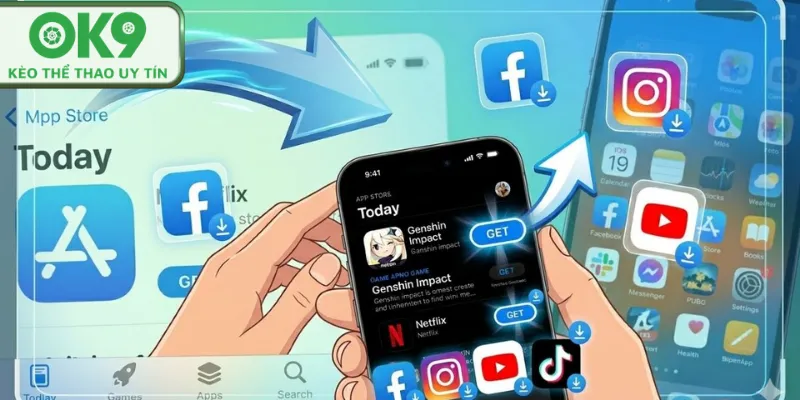 Người chơi thao tác cài đặt app OK9 trên điện thoại.
