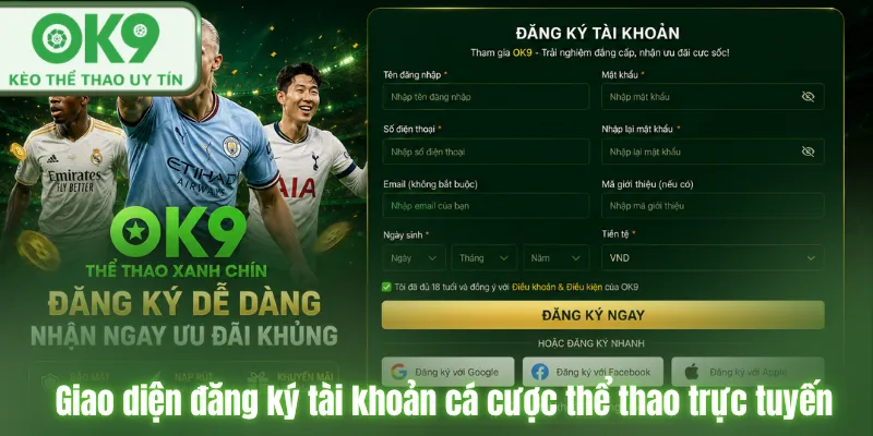 Giao diện đăng ký tài khoản cá cược thể thao trực tuyến